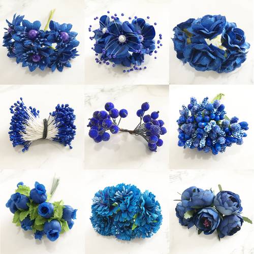 6/10/12/20/200pcs Mixed Royal blue Flower Cherry Stamen Berries Bundle DIY Christmas Wedding Cake Gift Box Wreaths Decor