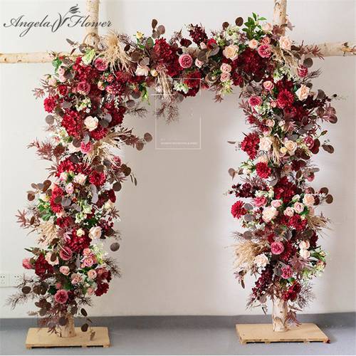 Artificial Flower Row Arrangement Burgundy Wine Red Wedding Arch BackParty Props Stage Decor Floral Wall Table Floral Ball