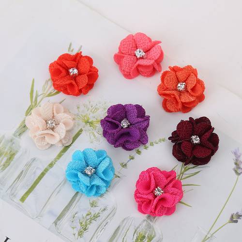 10Pcs/lot Multi Colors Handmade Small Fabric Satin Flowers with Rhinestone Appliques Sewing Wedding Garment Accessories Flowers