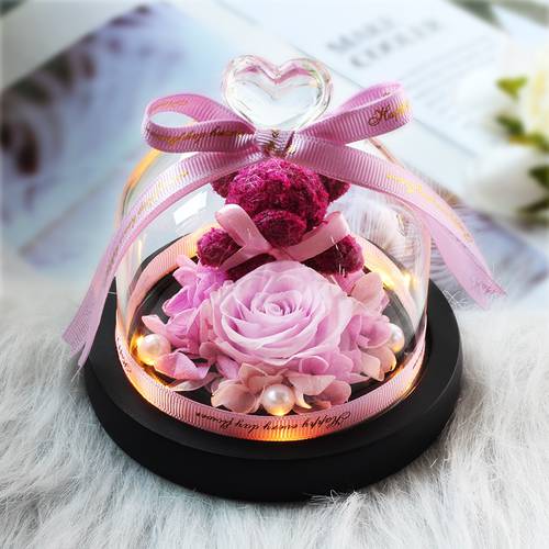 Beauty and Beast Natural Preserved Eternal Rose Teddy Bear Real Flower LED Wedding Valentine&39s Day Christmas Gift for Girlfriend
