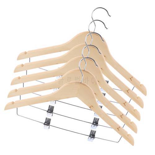 5PCS Wooden Hangers Coats Suit Garment Clothes Wardrobe Wood Hanger, with Clips