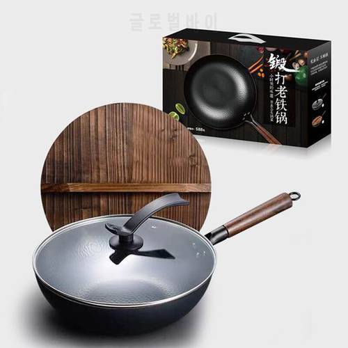 High Quality Iron Wok with Wooden Handle Traditional Handmade Iron Wok Kitchen Non-stick Pan Non-coating Gas Cooker Cookware