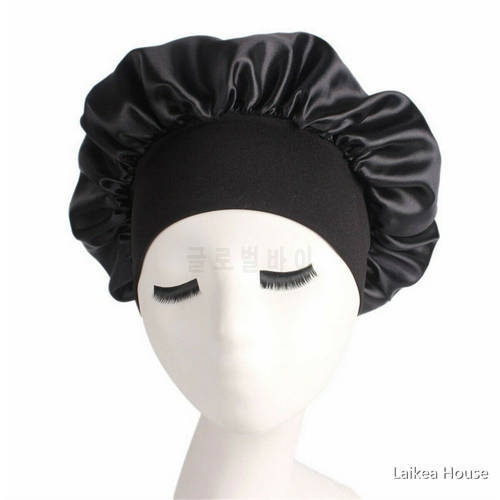 Silk Satin Night Sleep Cap Hair Bonnet Hat Head Cover Wide Band Adjust Elastic Hats For Household Fashionable Pure Supplies