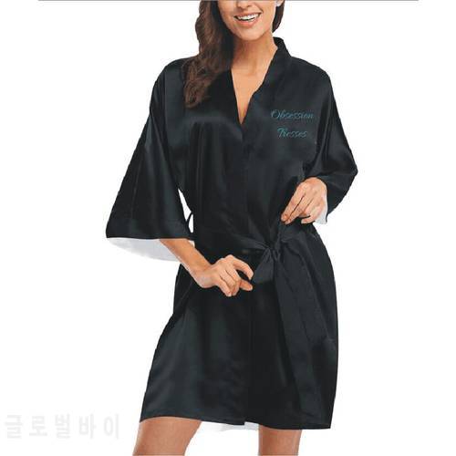Custom brand name printing satin silk robe sleeping cloth WOMEN Kimono robes satin dressing V-neck nightwear