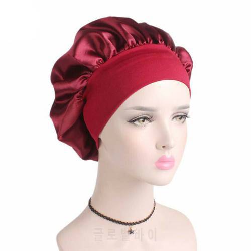 New Solid Fashion Satin Night Sleep Cap Hair Bonnet Hat Head Cover Wide Band Adjust Elastic