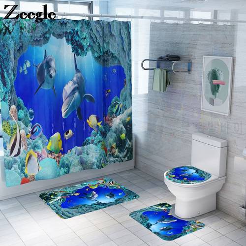 Animal Pattern Shower Curtain with Bath Mat Set Microfiber Bathroom Floor Mat Non-slip Bathroom Foot Mat Set
