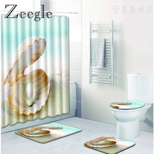 Zeegle Starfish Pattern 4PCS Bathroom Set and Shower Curtain Non Slip Bathroom Mat Washing Machine Mat Quick Dry Mats