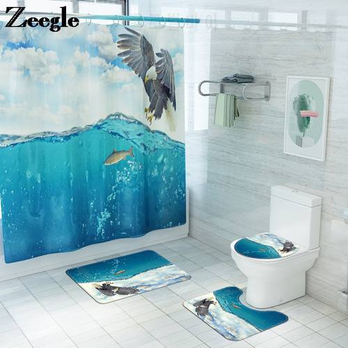 Printing Animal Bath Mat and Shower Curtain Set Absorbent Toilet Mat Bathroom Carpet Anti Slip Bathroom Mat Microfiber Bath Mat