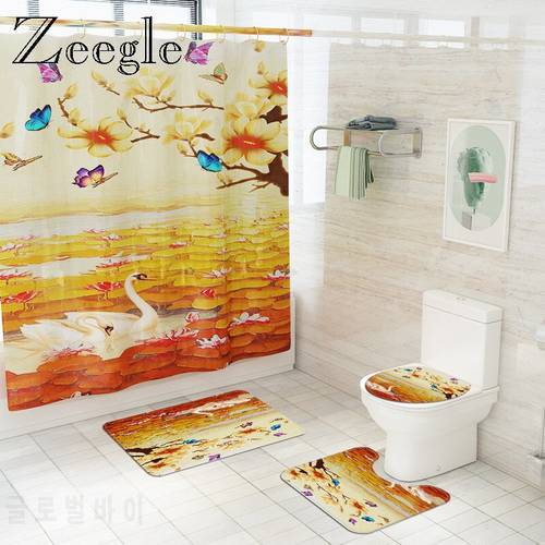 Scenic Floral Bathroom Mat Shower Curtain Set Bath Floor Mat Toilet Carpet Rugs Toilet Foot Mat Bathroom set with