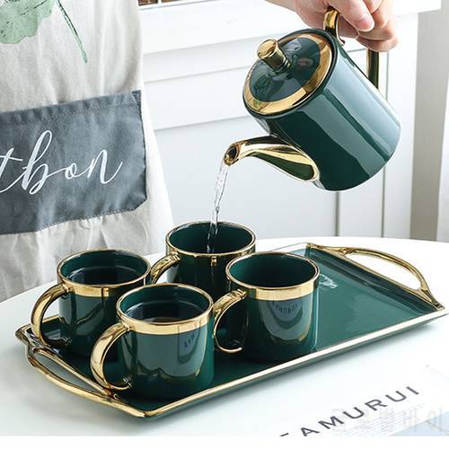 European luxury ceramic coffee cup set 6 pieces and 1 piece teapot gift box set mug milk tea coffee green drink 380ml
