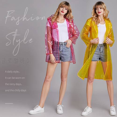 Womens Transparent Color Cool Raincoat Waterproof Rain Coat Rain Jacket with Hood Pocket Long Short European Fashion Style