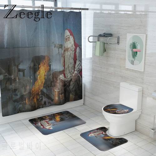 Christmas Bath Mat with Shower Curtain Set Bathroom Non Slip Mat Set Waterproof Curtain for Bathroom Shower Mat Sets