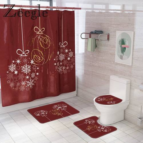 Christmas Bath Mat Waterproof Shower Curtain Set Toilet Carpet Seat Cover Mat Bathroom Mat Set Absorbent Bath Mat