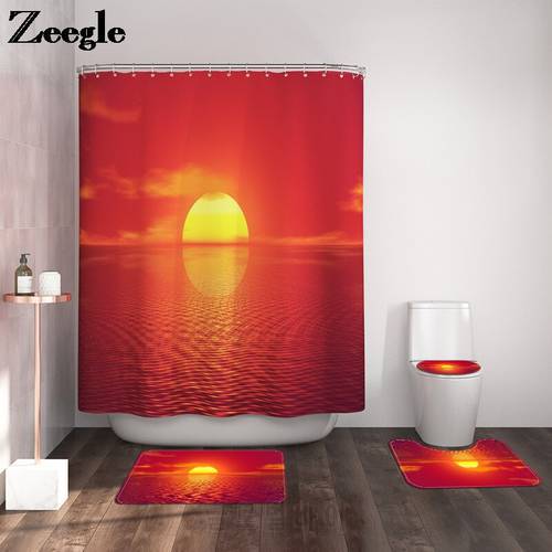 Red Color Scenic Pattern Bath Mat and Shower Curtain Set Bathroom Bath Carpet Rugs Absorbent U-Shaped Toilet Foot Mat Bath Rugs