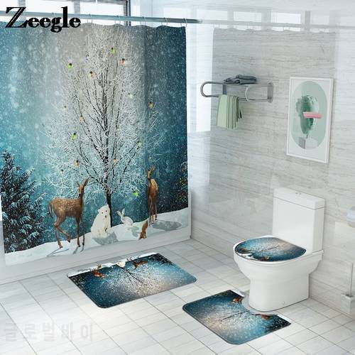 Christmas Bath Mat and Shower Curtain Set Non-Slip Bathroom Mat Toilet Carpet Cartoon Foot Mat Bathroom Rug Set