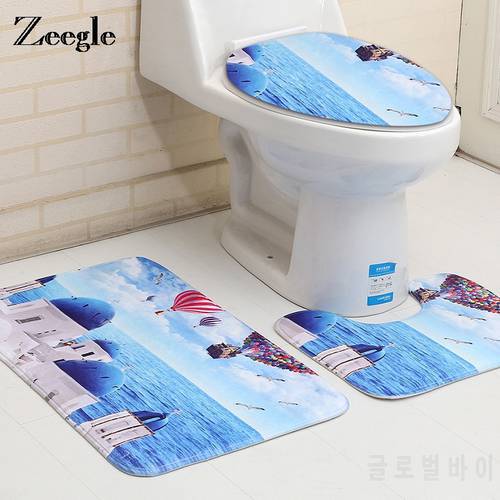 Zeegle Mediterranean Style 3pcs Non-slip Bath Mats Toilet Rugs Set Coral Fleece Bathroom Floor Mats Washable Toilet Cover