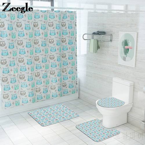Printed Bathroom Carpet Bath Mat and Shower Curtain Set Microfiber Toilet Seat Cover Mat Non-Slip Bathroom Floor Rug Set