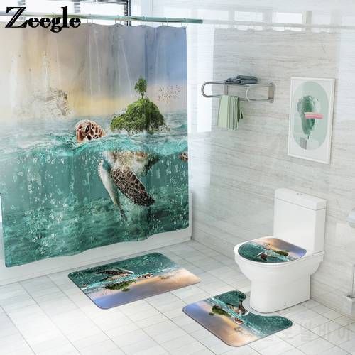 Printed Sea World Bath Mat and Waterproof Shower Curtain Set Non Slip Bath Rug Toilet Floor Mat Washable Toilet Seat Cover Mat