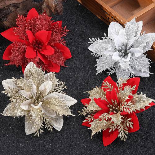 5pcs Glitter Artificial Flower Fake Poinsettia Flowers Christmas Tree Ornament Merry Christmas Decoration 2020 New Year Decor