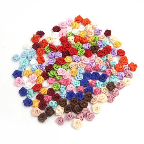 100PCS/Lot Mini Handmade Satin Rose Ribbon Rosettes Fabric Flower Appliques For Wedding Decoration Craft Sewing Accessories