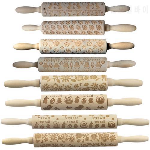 Wooden Spring Easter Bunny Radish Flower Painted Egg Rolling Pin Wood Embossed Rolling Pin Cookie Rolling Stick Texture Roller