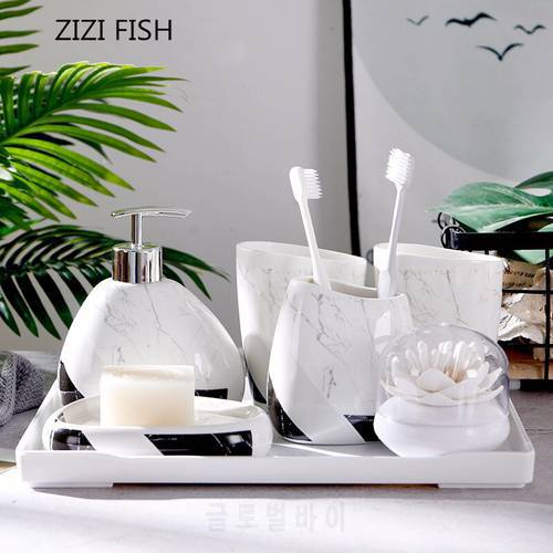 Imitation Marble Ceramics Bathroom Accessories Set Geometric Soap Dispenser/Toothbrush Holder/Tumbler/Soap Dish Bathroom Gift
