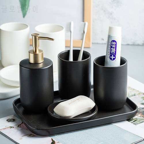 Nordic Ceramic Tray Matte Black White Bathroom Set 5pcs/set Wash Kit Simple Brushing Cup Set Bathroom Decoration Gifts Toilet Se