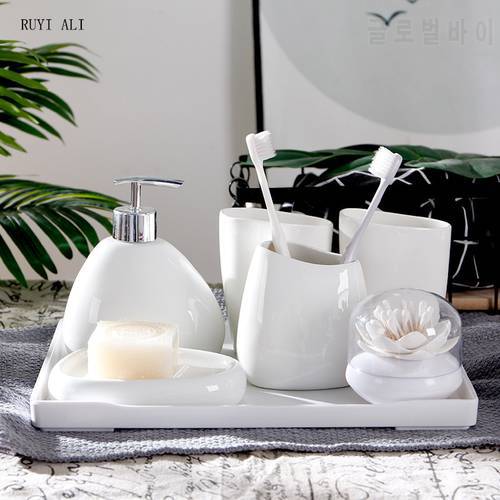 White Ceramic Bathroom Accessories Set/Toothbrush Holder /Soap Dispenser/Wedding Gift/Melamine tray/Toothpick Holder/Cotton Swab