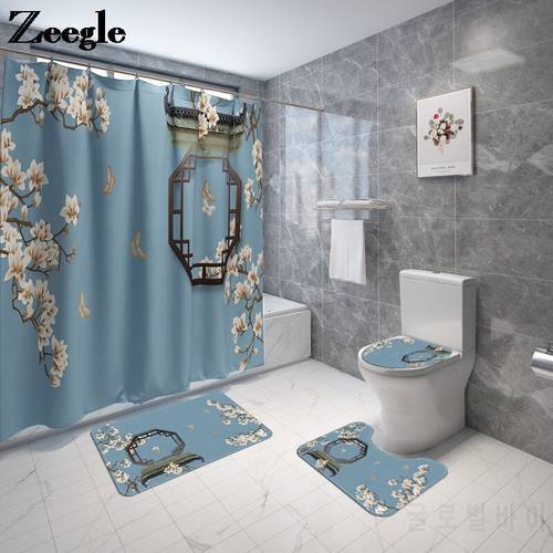 Floral Printed Bath Mat and Shower Curtain Set Non-slip Bathroom Carpet Toilet Foot Mat Flannel Bathroom Rug Set