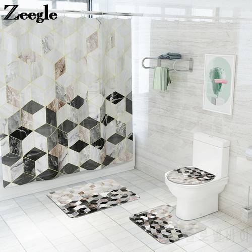 Marble Pattern Shower Curtain with Bath Mat Set Microfiber Toilet Carpet Bathroom Floor Mat Washable Toilet Seat Cover Mat