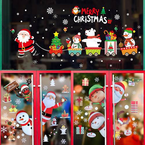 Merry Christmas Wall Stickers Cute Santa Claus Snowflake Elk Window Glass Stickers For New Year 2021 Xmas Party Home Wall Decals