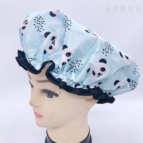 4 pcs High quality customized digital Printed polyester satin fabric double layer panda clear shower caps