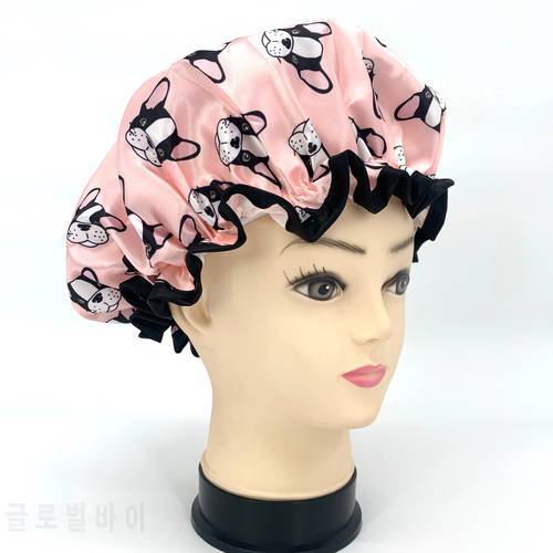 Digital Printed polyester satin fabric double layer dogs shower caps 1 size fit all