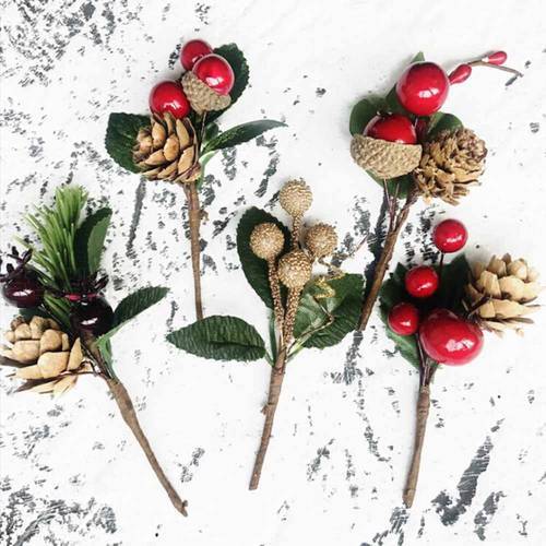 5pcs Artificial Flower Red Christmas Berry And Pine Cone Picks With Holly Branches For Holiday Floral Decor Flower Crafts