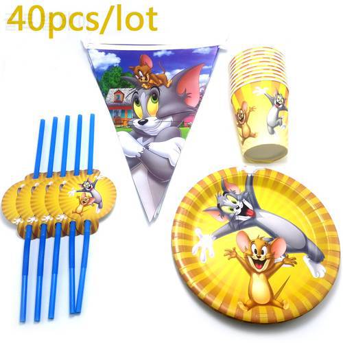 40pcs/lot Cat Mouse Design Banner Birthday Party Straws Flags Plates Cups Decorate Boys Favors Bunting Tableware Set