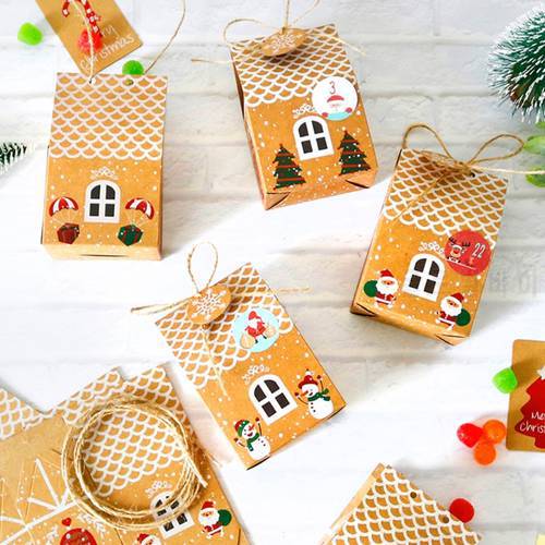 24 Sets Christmas House Gift Box Kraft Paper Cookies Candy Bag Snowflake Tags 1-24 Advent Calendar Stickers Rope Party Supplies