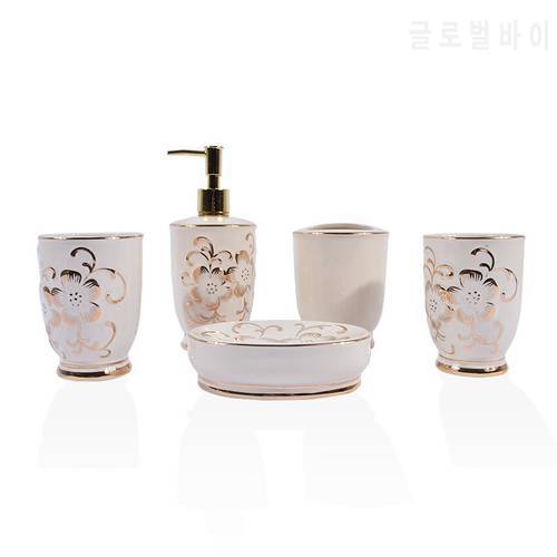 New Arrival European-style Ceramic Bathroom Five-piece Set 05001-1 Creative Bathroom Toiletries Rinse Cup Brush Cup Set Hot Sale
