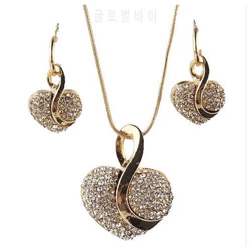 Crazy Feng Fashion New Yellow Gold Plated Heart Clear Crystal Necklace Earring Chain Jewelry Sets