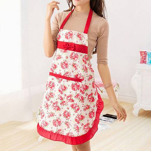 Women Floral Bowknot Waterproof Kitchen Restaurant Cooking Pocket Dress Apron