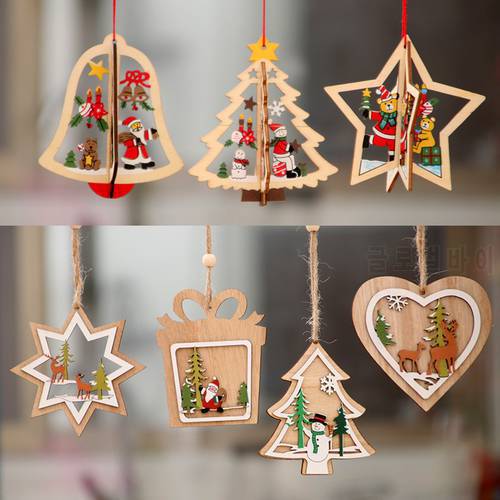 New Year 2023 1PC 2D 3D Christmas Ornament Wooden Hanging Pendants Star Xmas Tree Bell Christmas Decorations For Home Navidad