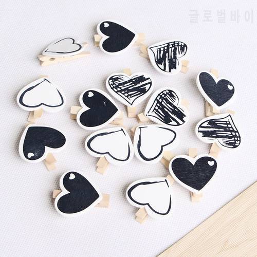 Heart 5pcs Black White Wooden Clothespin Clips Office Party Decoration Accessories Photo Hanging Pegs 30x4mm DIY