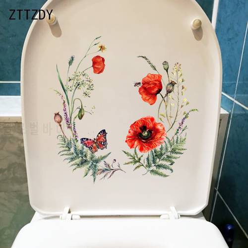 ZTTZDY 24CM×23.9CM Hand Painted Butterfly Flowers Toilet Stickers WC Accessories Home Room Wall Decor T2-0771