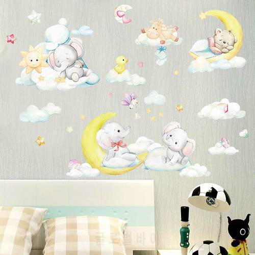 Sleeping Moon Elephant Bear Wall Stickers for Kids rooms Children room Decor Cartoon Viny Decals Home Decorative Sticker Murall