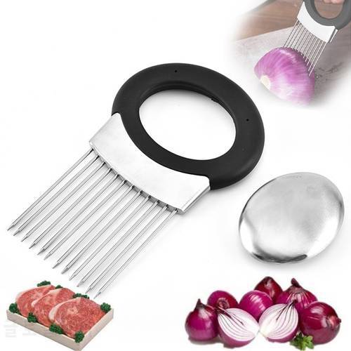 OLOEY Stainless Steel Onion Needle Cutting Device Potato Holder Kitchen Fruits Vegetable Melon Slicer Aids With Soap Supplies