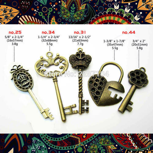 Antique Brass Vintage Retro Old Looking Heart Crown Shape Decor Key Necklace Pendant Bow Steampunk Charms Padlock Lock Jewelry