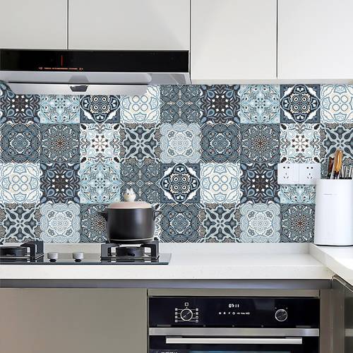 10pcs Gray & Blue Matte Surface Tiles Sticker Transfers Covers for Kitchen Bathroom Tables Home Decor Waterproof PVC Wall Decals