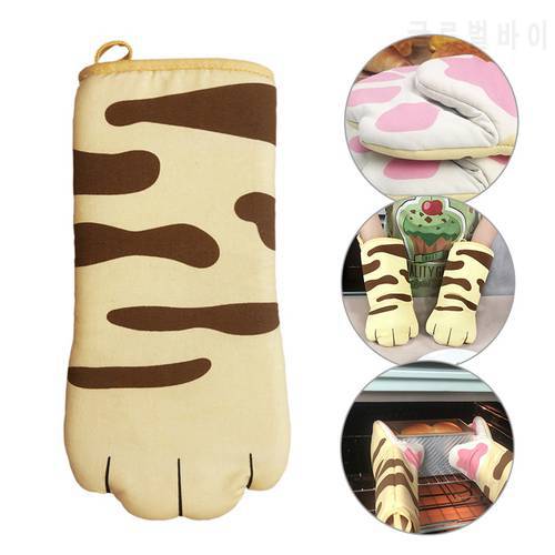 3D Cartoon Cat Paws Oven Mitts Long Cotton Baking Insulation Gloves Microwave Heat Resistant Non-slip Gloves Kitchen Gloves 1PC