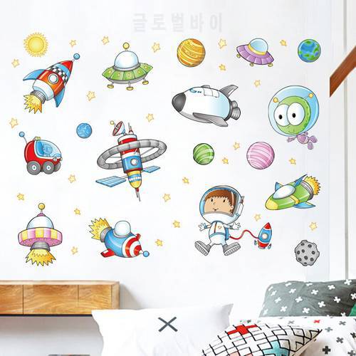 Space Astronaut cartoon Wall Sticker children room Outer Space Planet Galaxy Rocket ship decorative Wall Stickers For Kids Rooms