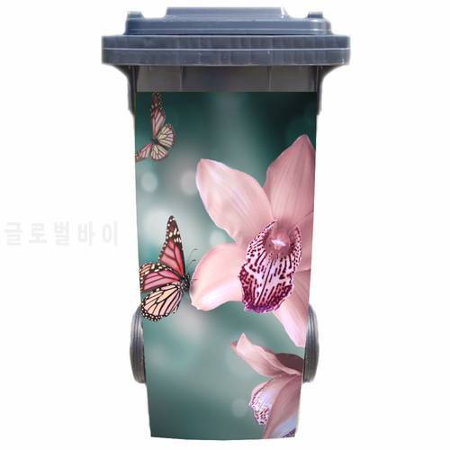 DIY 3D butterfly with flowers removable Waterproof Sticker Decals Rubbish bin trash can Cover sticker poster 120liter 240liter