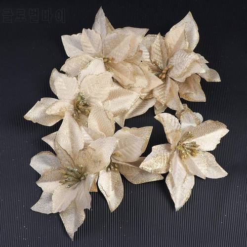 8pcs 13cm Glitter Artificial Wedding Christmas Flowers XMAS Tree Wreaths Decor Ornament (Gold)